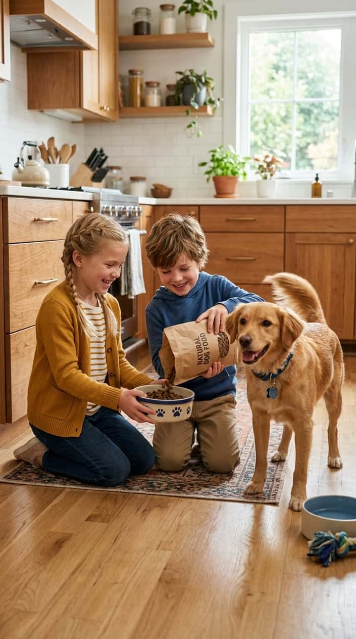 Two children feeding a dog together in a kitchen, smiling and working as a team.