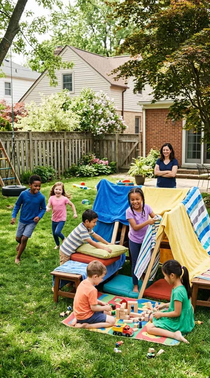 Children playing together freely in a backyard while an adult watches from a distance.