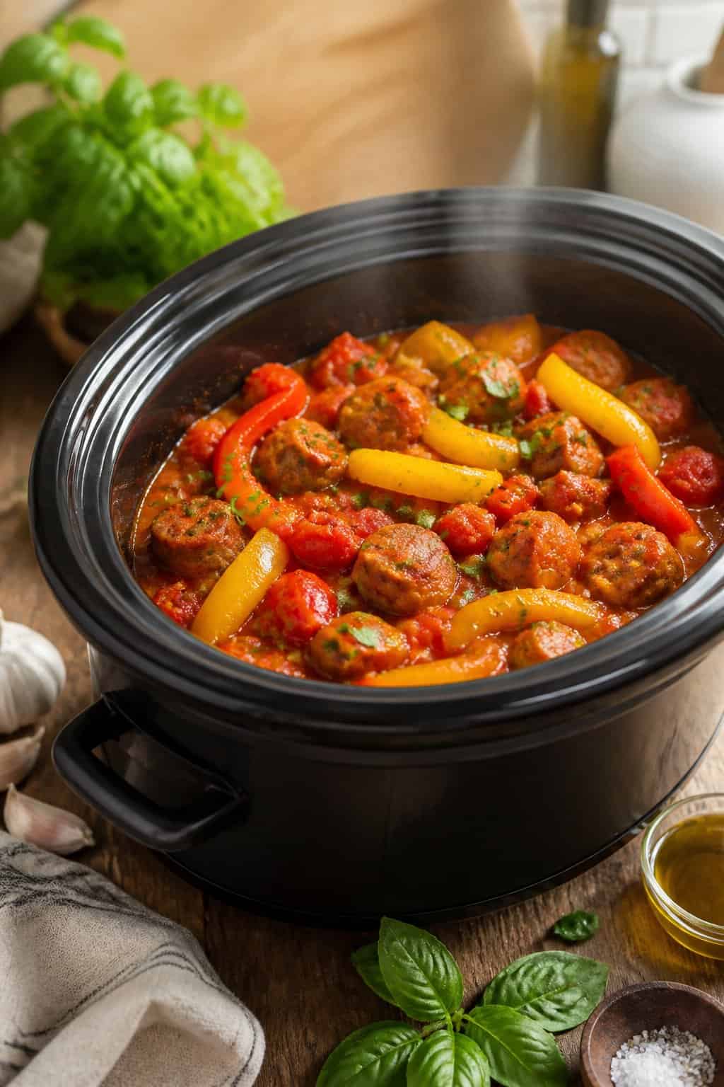 A crockpot filled with cooked Italian sausage, red and yellow peppers, and tomatoes on a kitchen countertop with fresh ingredients around.