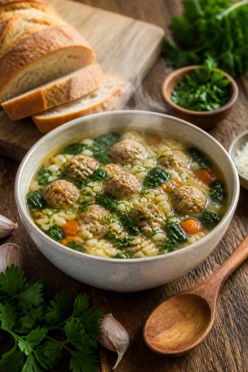 A bowl of Italian wedding soup with meatballs, greens, and pasta on a wooden table with fresh herbs and bread nearby.