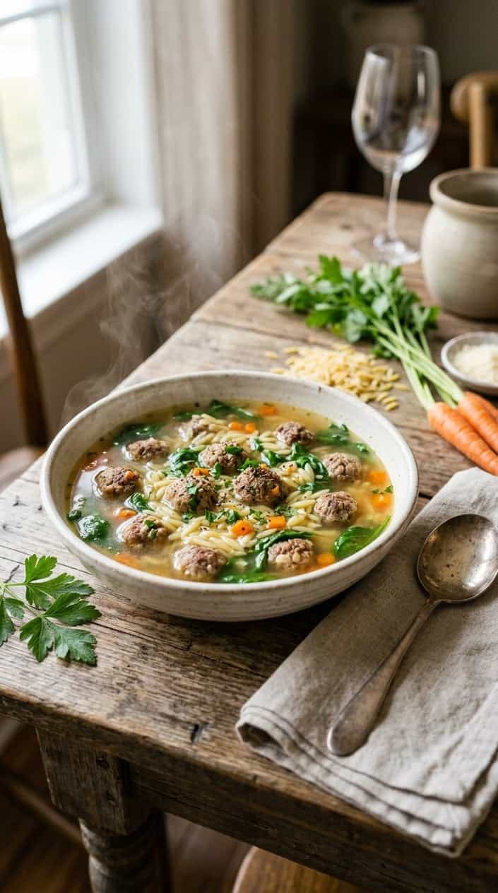A bowl of Italian wedding soup with meatballs, orzo, spinach, and carrots on a wooden table with fresh ingredients and a spoon nearby.