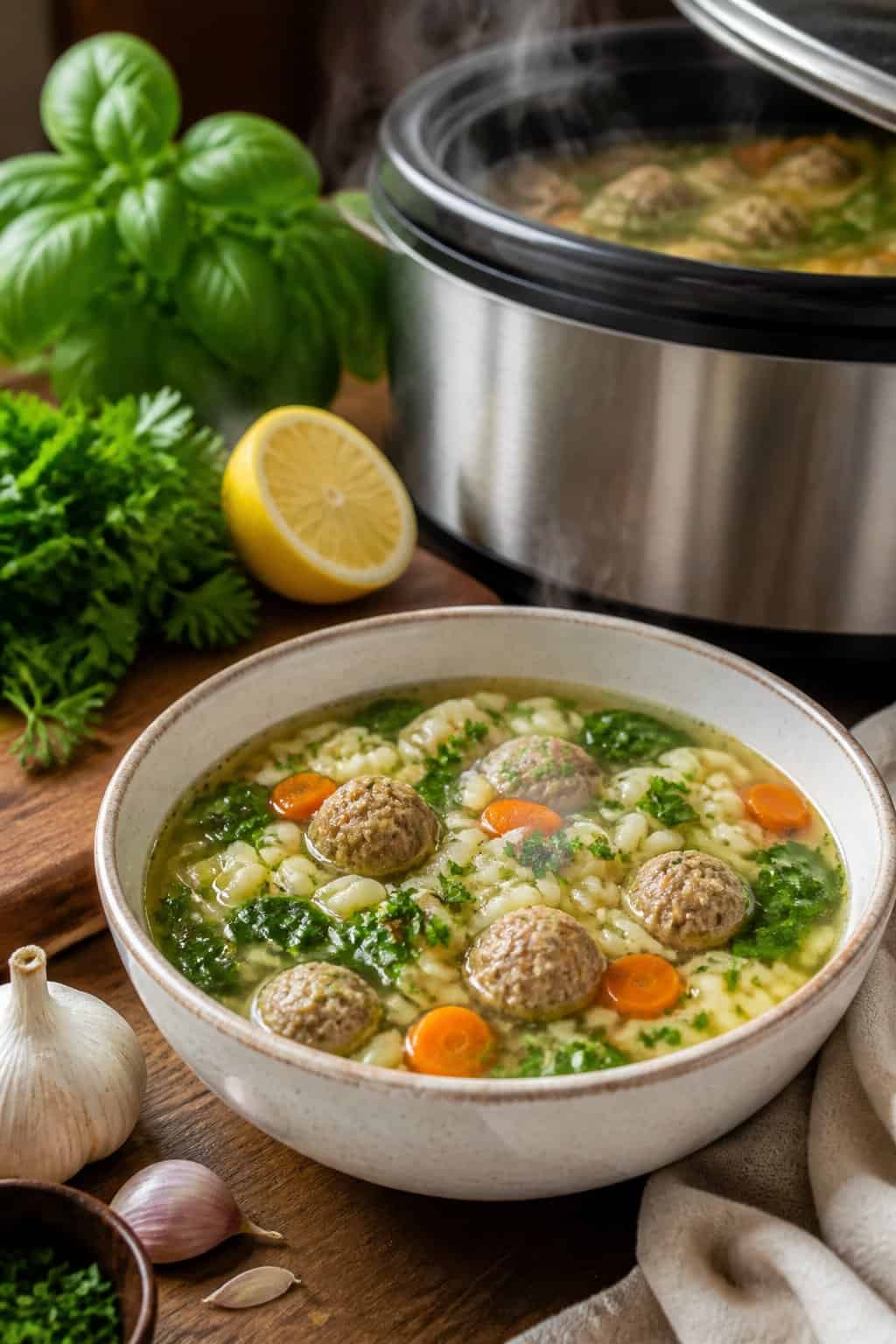 A bowl of Italian wedding soup with meatballs, pasta, and vegetables on a wooden table next to fresh herbs and a slow cooker.