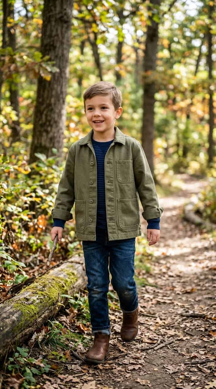 Durable Kids' Clothes for Everyday Wear 16 A child wearing a chore jacket outdoors, playing and exploring in a natural setting.