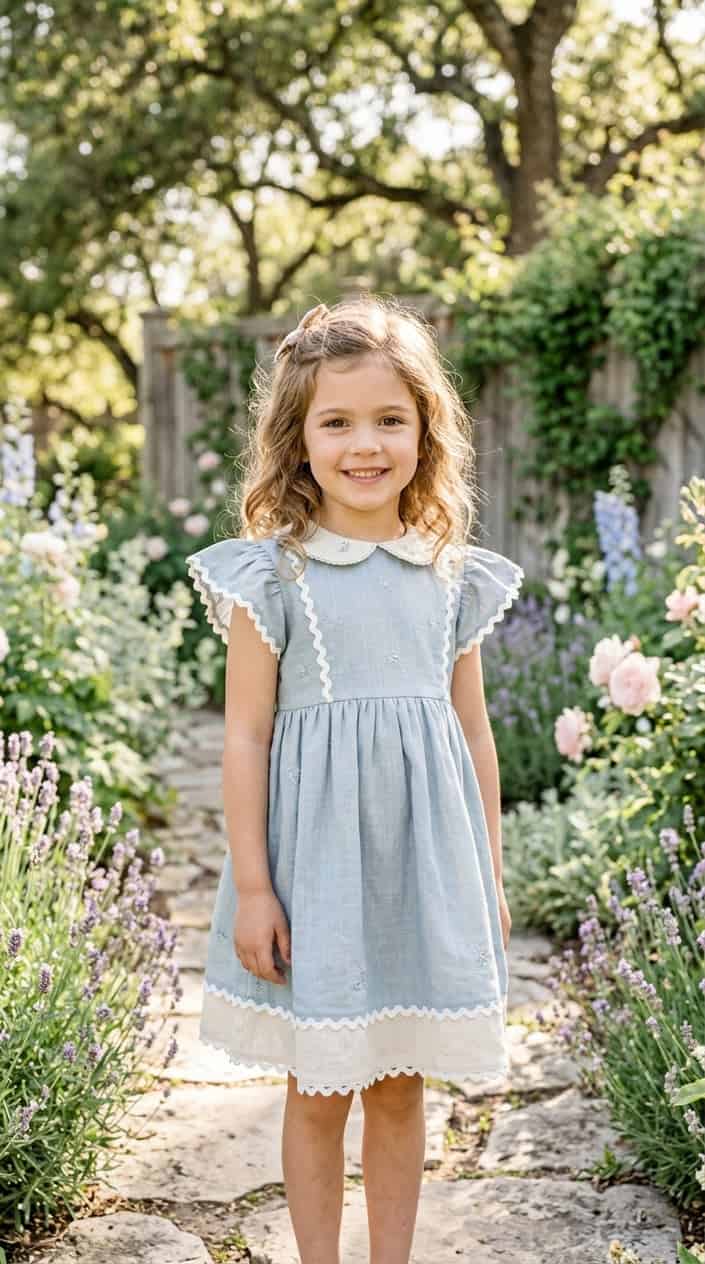 Kids' Designer-Look Dresses on a Budget 7 A young girl stands outdoors in a garden wearing a scallop-edged dress, smiling gently.