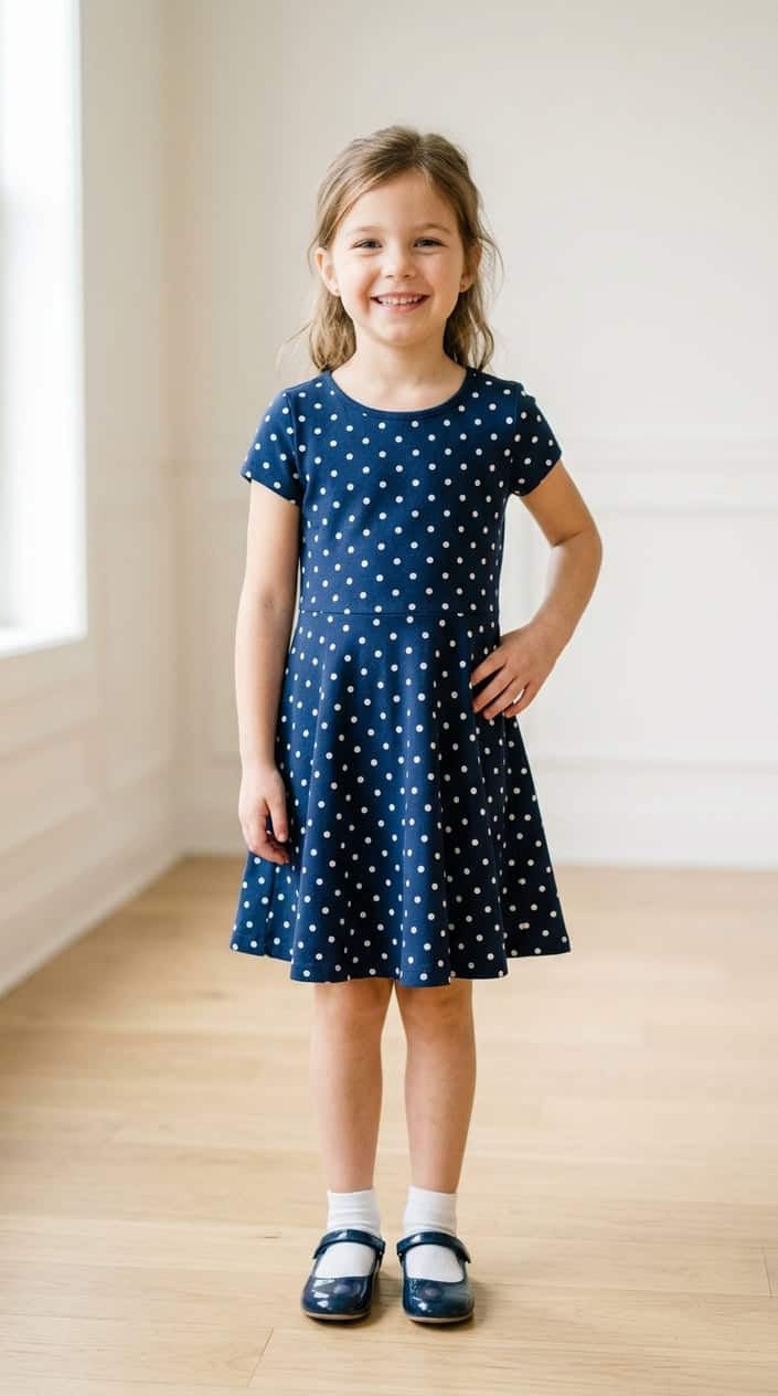 A young girl smiling and standing indoors wearing a comfortable cotton skater dress.