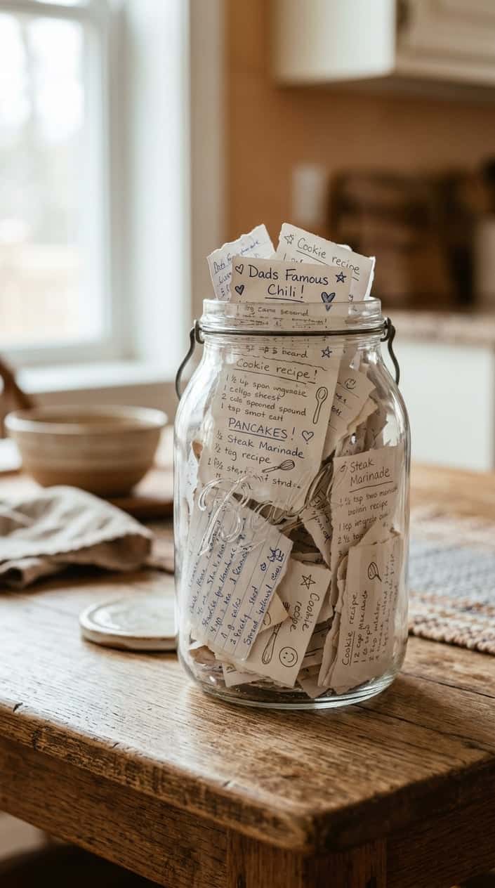 A glass jar filled with torn recipe cards containing handwritten notes, sitting on a wooden table in a cozy home setting.