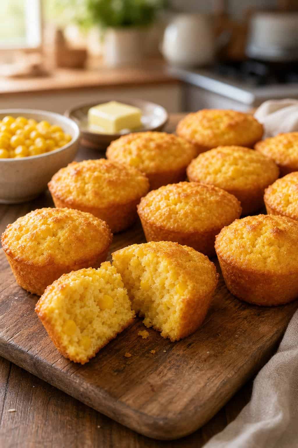A wooden serving board with a dozen golden corn casserole muffins, one split open to show a moist interior, with scattered corn kernels and a small dish of softened butter nearby.