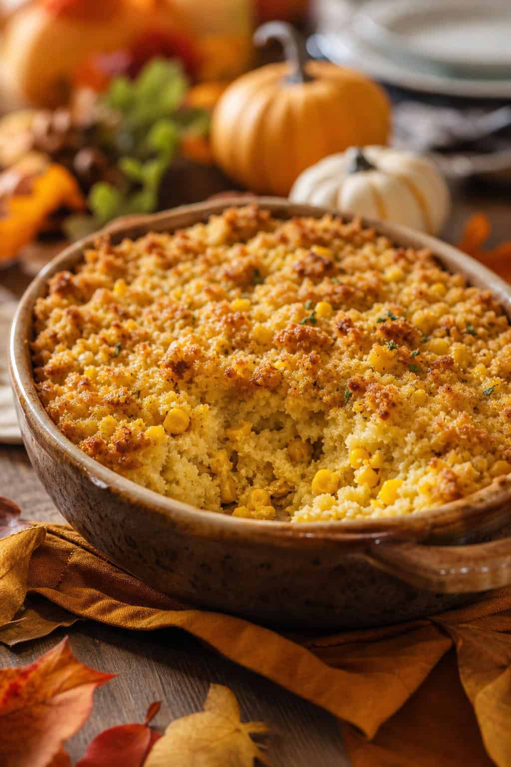 A baked corn casserole with a deep golden crust and visible herby stuffing bits throughout, in a white ceramic dish on a wooden table with small fall gourds and dried corn husks arranged around it.