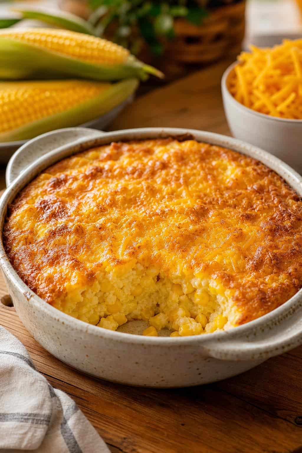 A freshly baked corn casserole with a bubbly melted cheddar topping in a terracotta ceramic dish, surrounded by fresh corn ears and a small pile of shredded orange cheddar on a wooden table.
