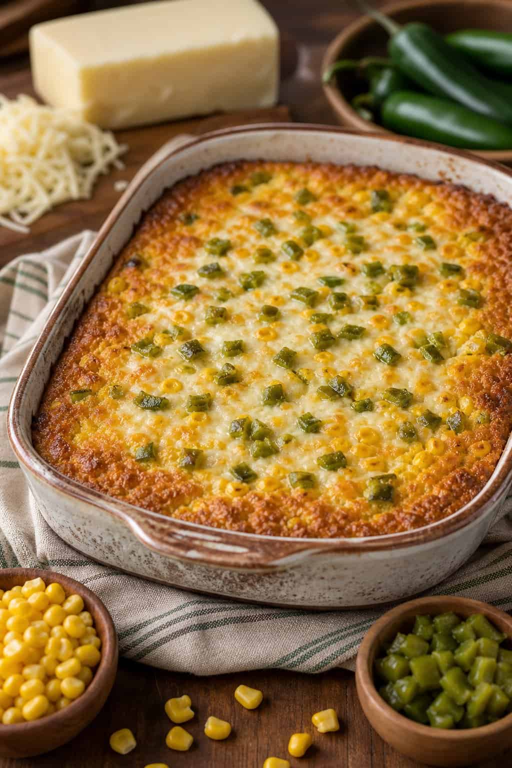 A golden baked corn casserole with visible green chile pieces under a layer of melted white Monterey Jack cheese in a ceramic dish on a wooden table.