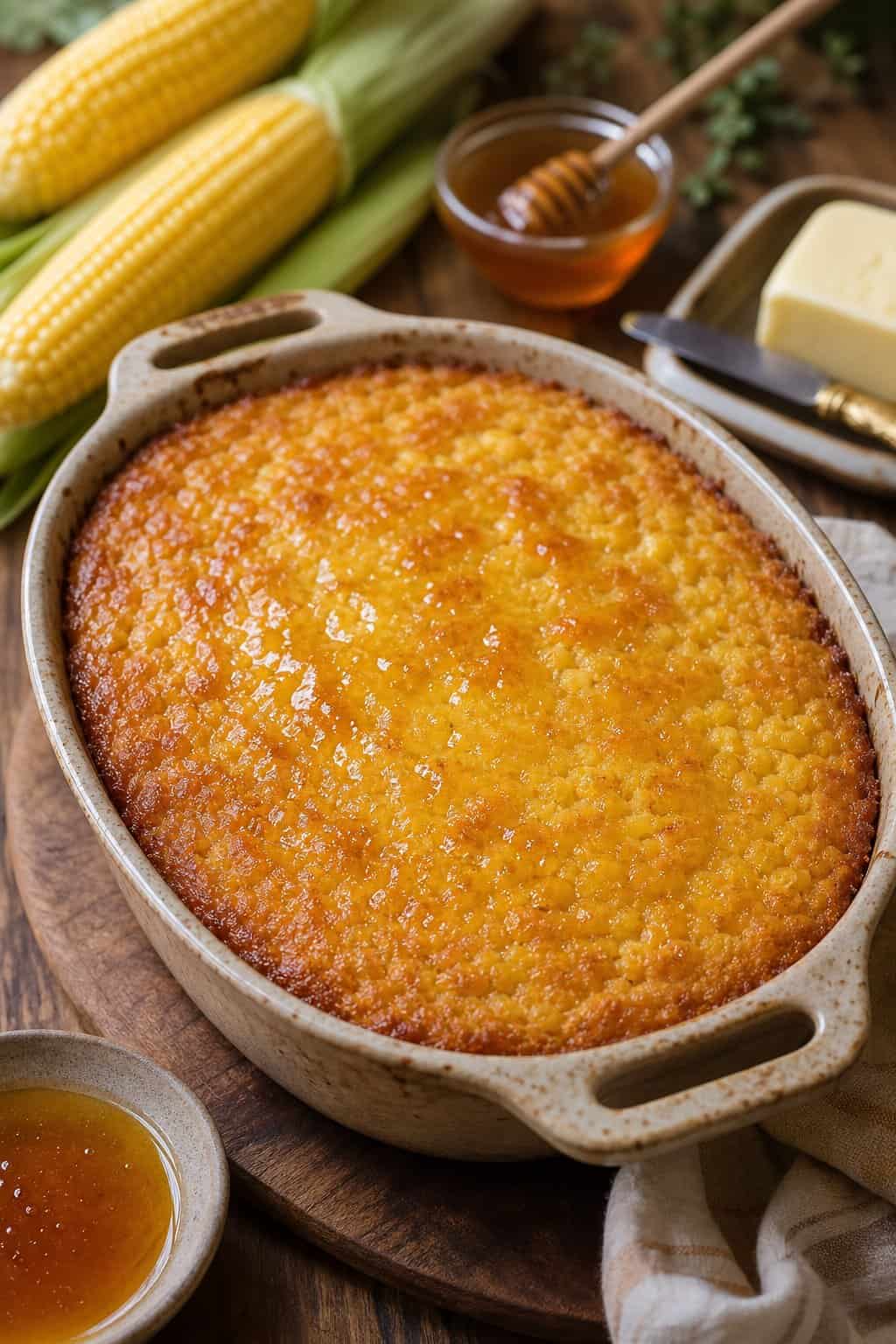 A corn casserole with a shiny honey-butter glazed top baked to a deep golden brown in a ceramic dish on a wooden table, with a small jar of honey and a stick of butter placed to the left.
