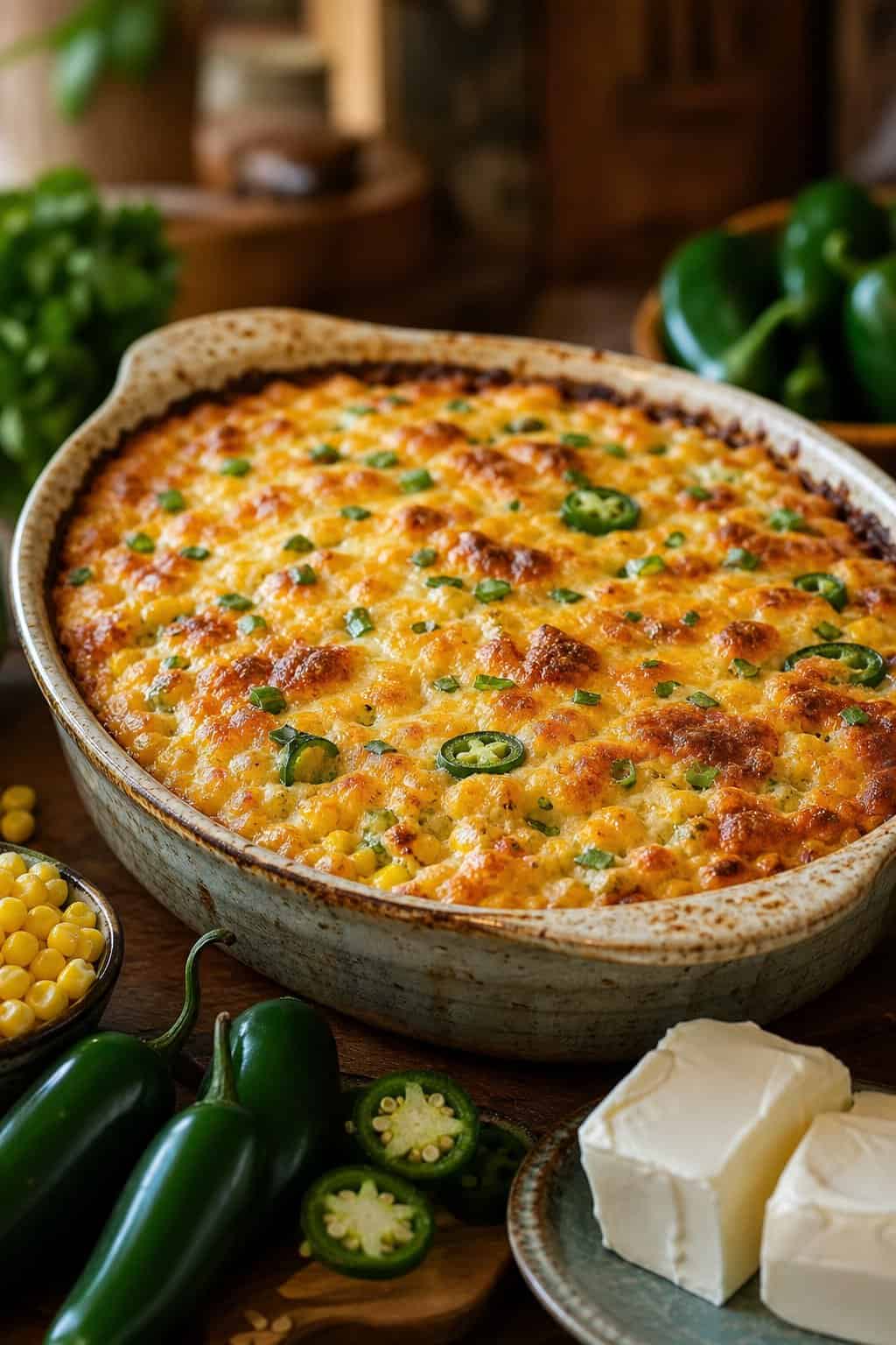 A freshly baked corn casserole with bubbling melted cheddar on top in a white ceramic dish on a wooden table, with several whole jalapeños and a few ears of corn arranged around it.