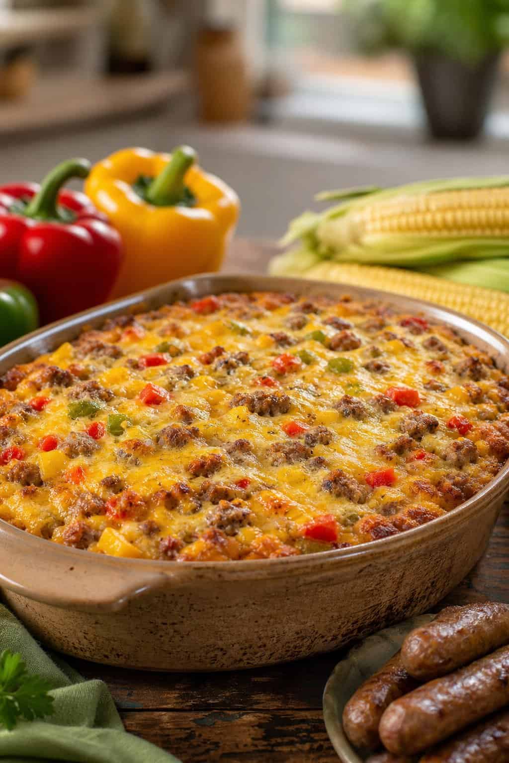 A baked corn casserole studded with browned sausage crumbles and bright diced red and green bell peppers in a ceramic dish on a wooden table with fresh peppers alongside.
