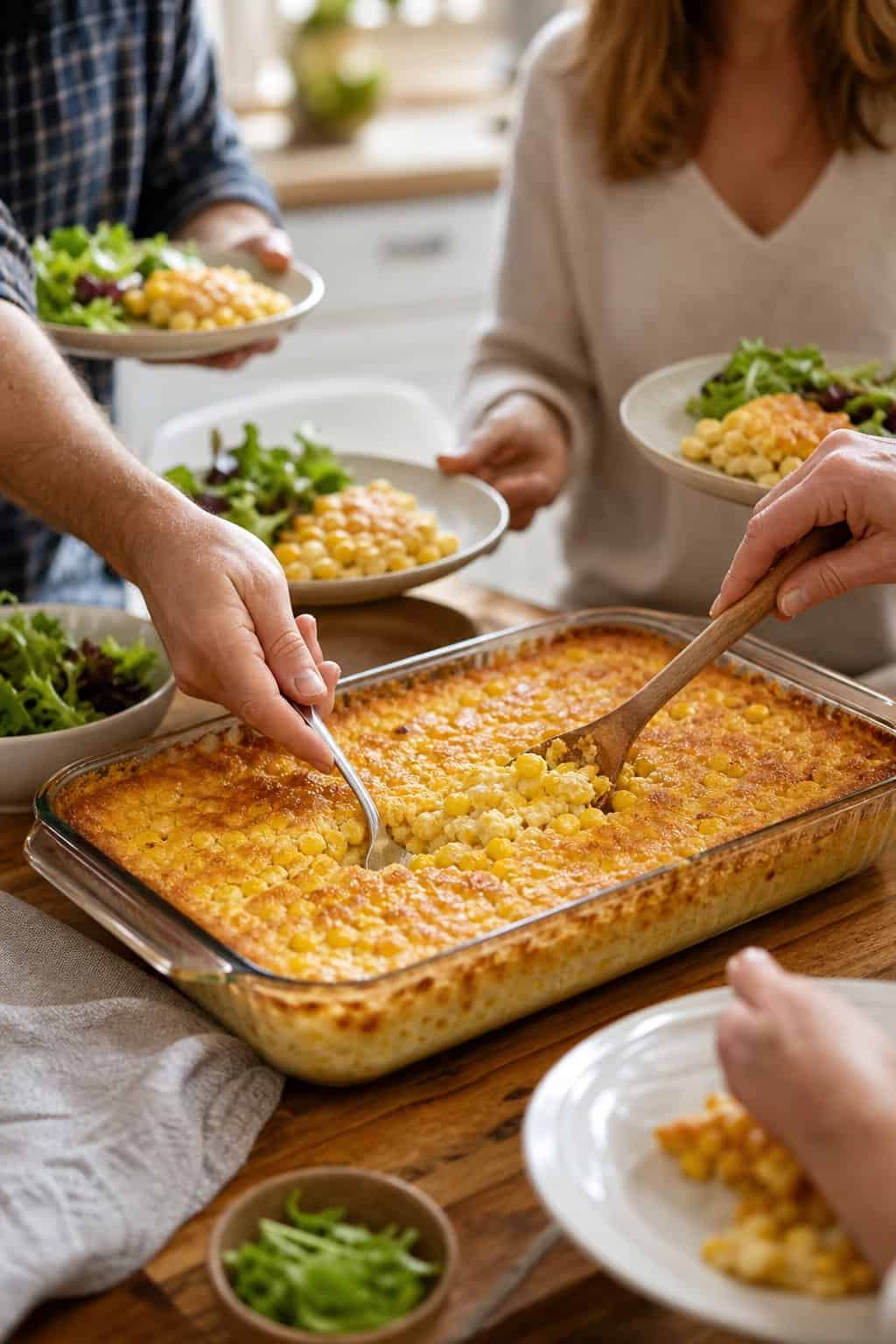 A large corn casserole in a clear glass baking dish on a wooden buffet table with several people in the background serving themselves onto white plates.