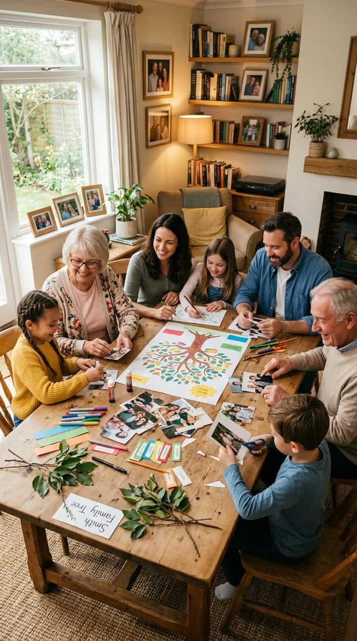 12 Family Tree Project Ideas for Kids That Actually Teach Them Something About Family 17 A multigenerational family gathered around a table working together on a family tree craft project with printed photos, art supplies, and handwritten notes spread out in front of them.