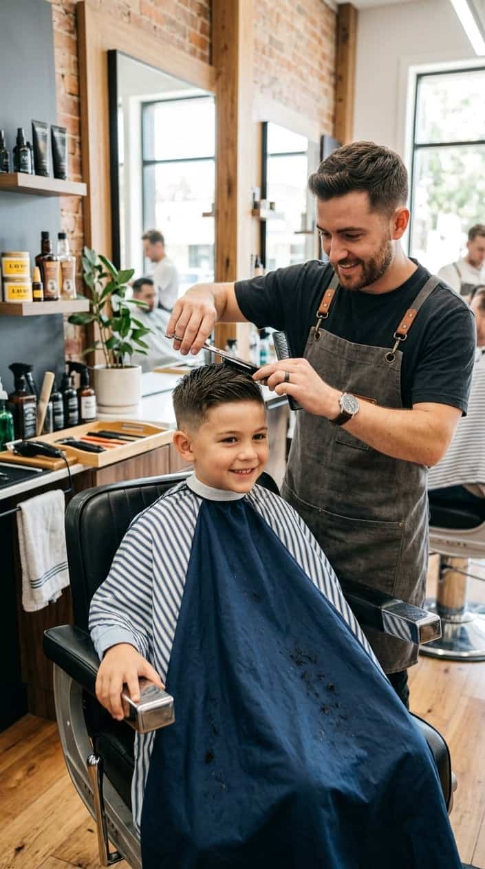 A young boy getting a haircut from a hairstylist in a bright barbershop.