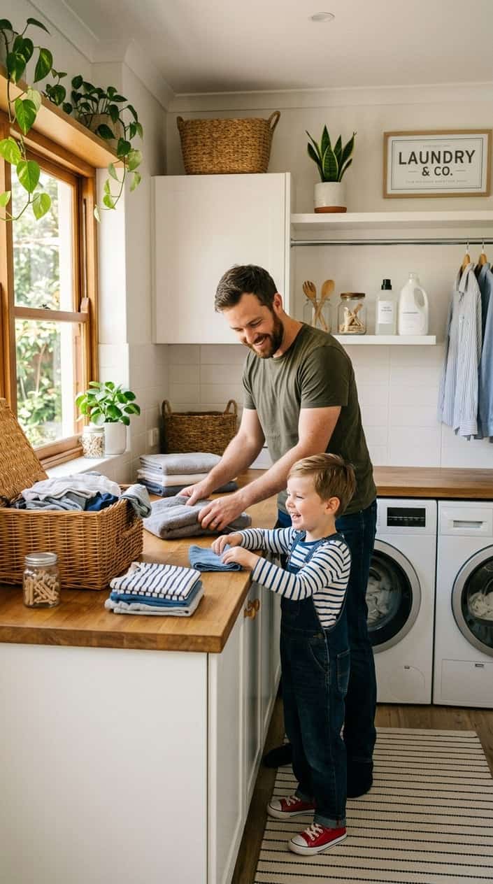 A father and his young son folding laundry together in a bright, organized laundry room.