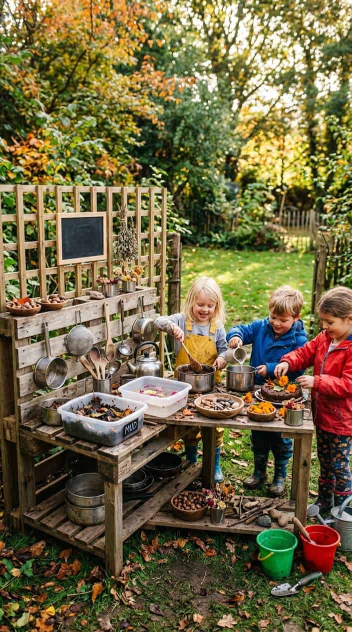 12 Mud Kitchen Setups for Kids (Using Mostly Stuff You Already Have Outside) 15 Children playing outdoors at a homemade mud kitchen made from repurposed materials, surrounded by natural elements like leaves and flowers in a backyard.