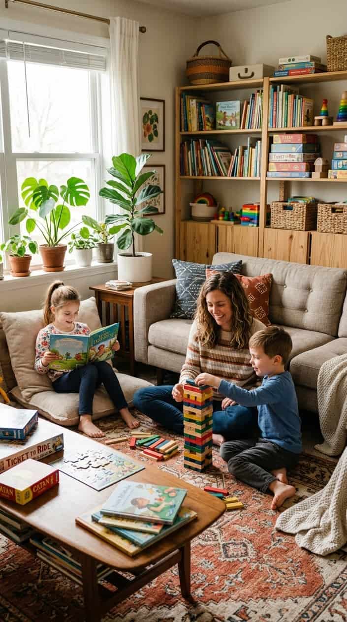 At-Home Kids' Activities Using What You Already Have 30 A parent and two children playing with books, puzzles, and building blocks in a bright living room without any screens.