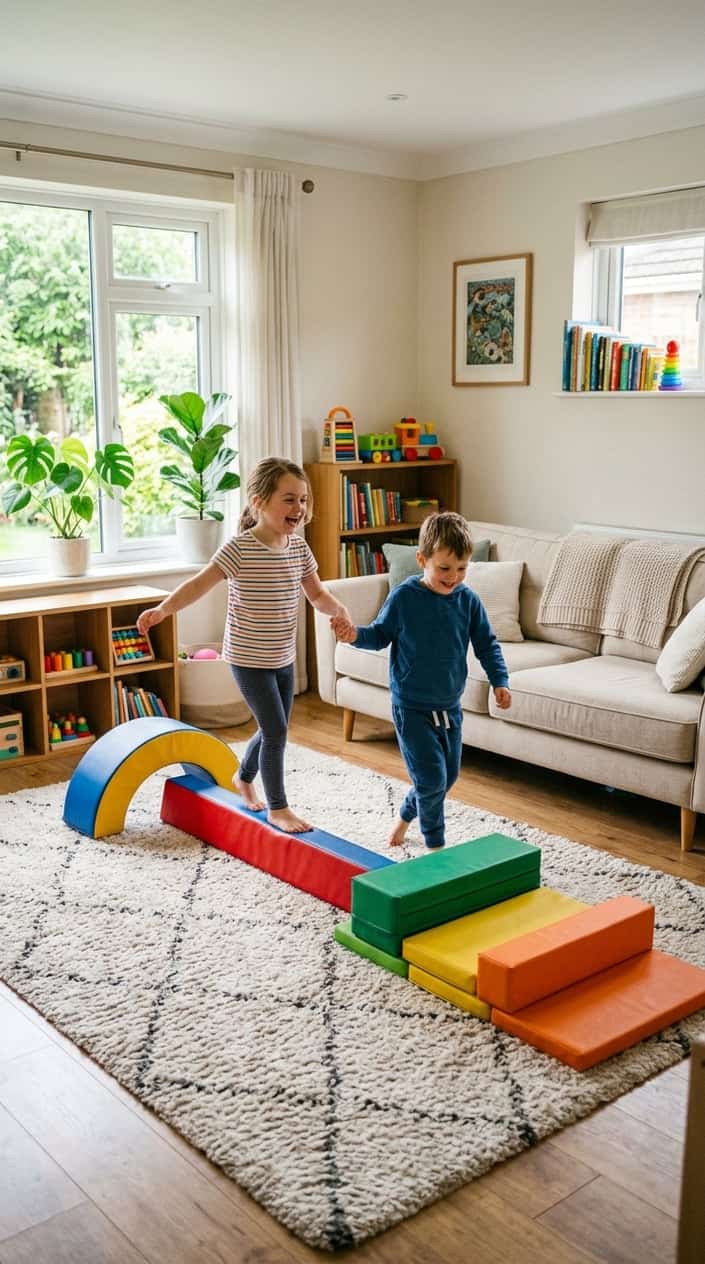 Two young siblings playing with foam blocks and balance beams in a bright living room with a clean couch in the background.