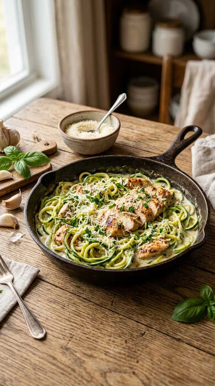 A skillet filled with creamy chicken Alfredo and zucchini noodles garnished with parsley on a wooden table.