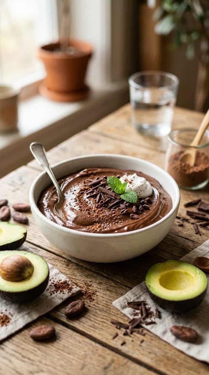 A bowl of creamy chocolate avocado pudding surrounded by avocado halves and cocoa powder on a wooden table.