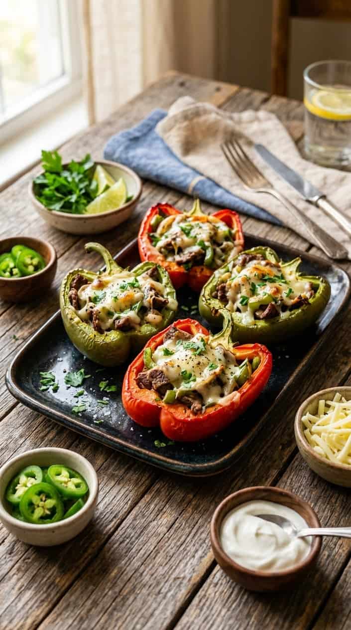 13 Keto Recipes I Actually Wanted Again the Next Week 8 Close-up of stuffed bell peppers filled with steak, melted cheese, and sautéed vegetables on a wooden table.