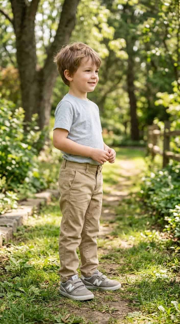 A young boy wearing khaki chino pants and a light shirt stands outdoors on grass, smiling gently.