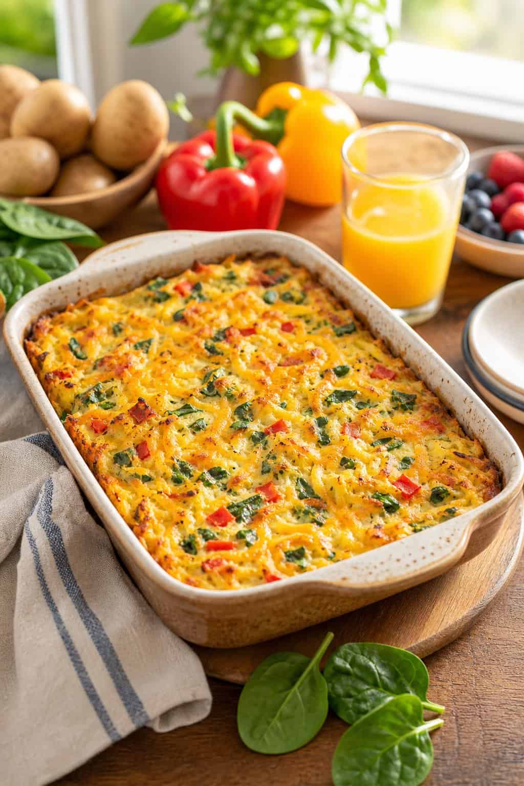 A golden hashbrown casserole in a ceramic dish with barely visible flecks of grated carrot and green spinach folded into the egg layer, on a wood table with a glass of orange juice beside it.