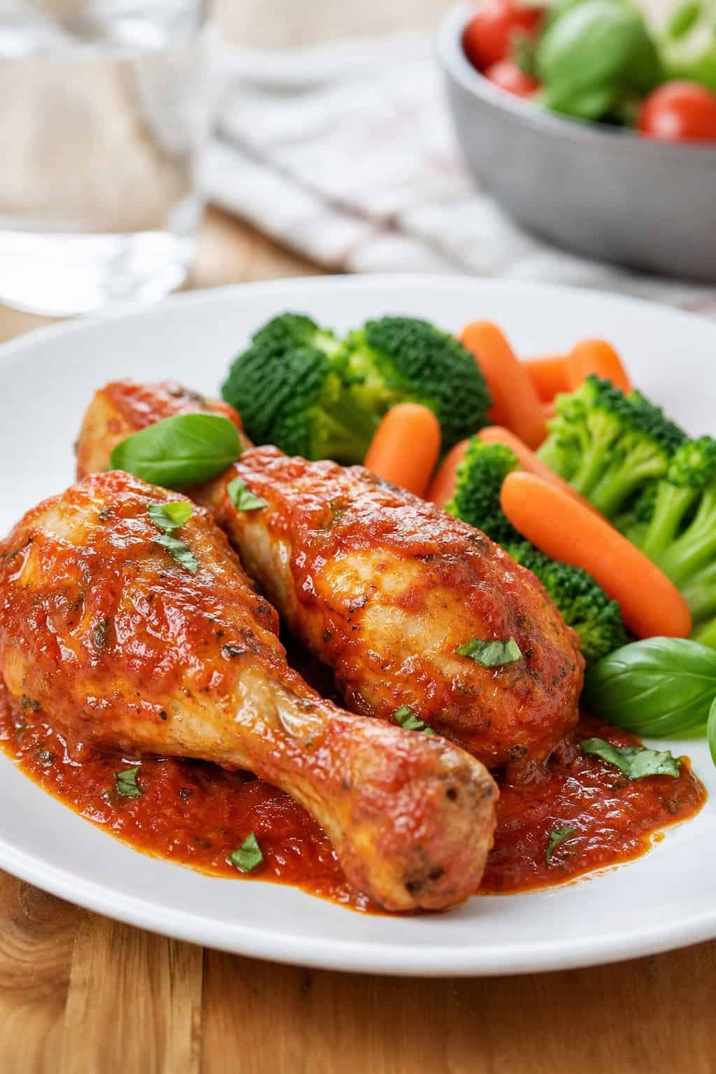 Chicken legs nestled in a rich red tomato sauce in a white baking dish, garnished with fresh basil leaves, with steamed vegetables on the side.