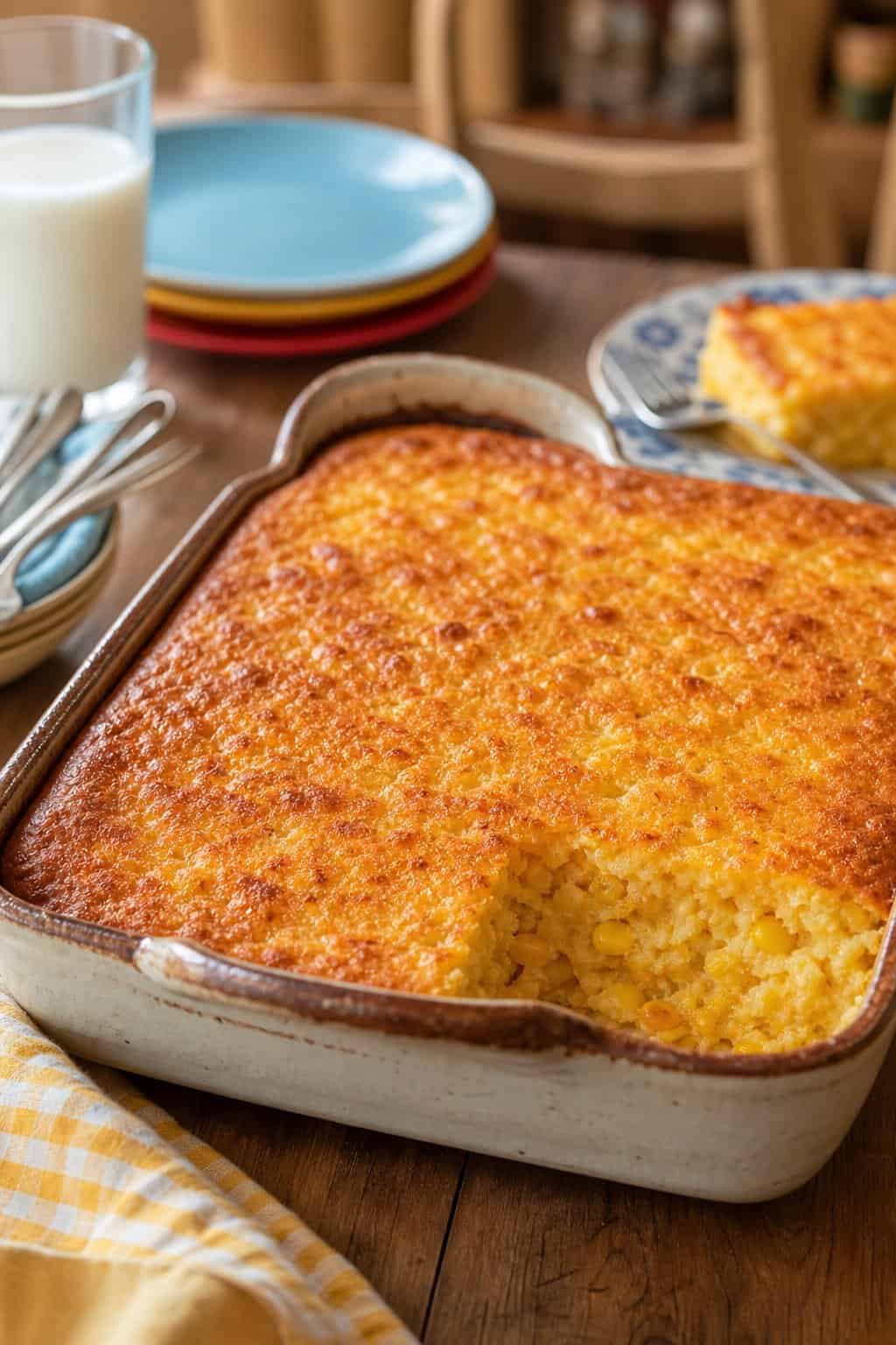 A pale golden sweet corn casserole in a round cream-colored ceramic dish on a wooden table with stacked white plates and simple silverware arranged beside it.