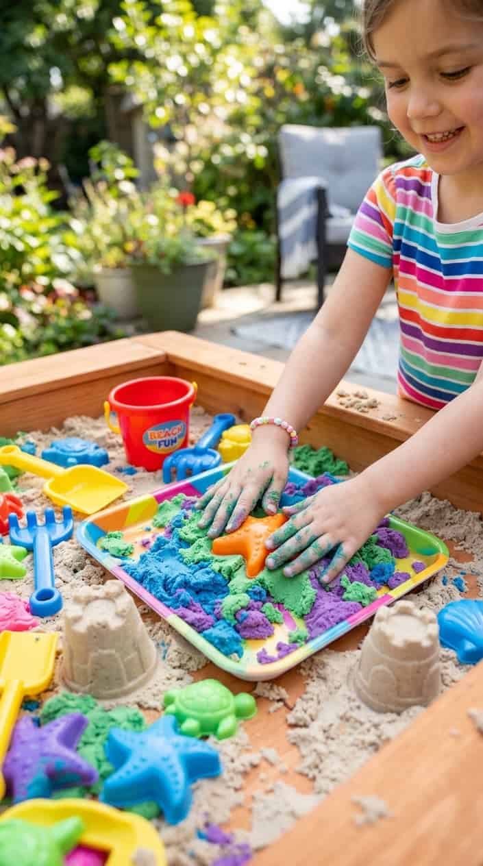 Screen-Free Toys That Hold Kids' Attention 13 Child playing with colorful kinetic sand in a beach-themed sandbox using molds and toys.