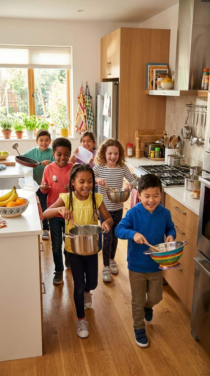 Children playing percussion instruments made from kitchen utensils in a bright kitchen.