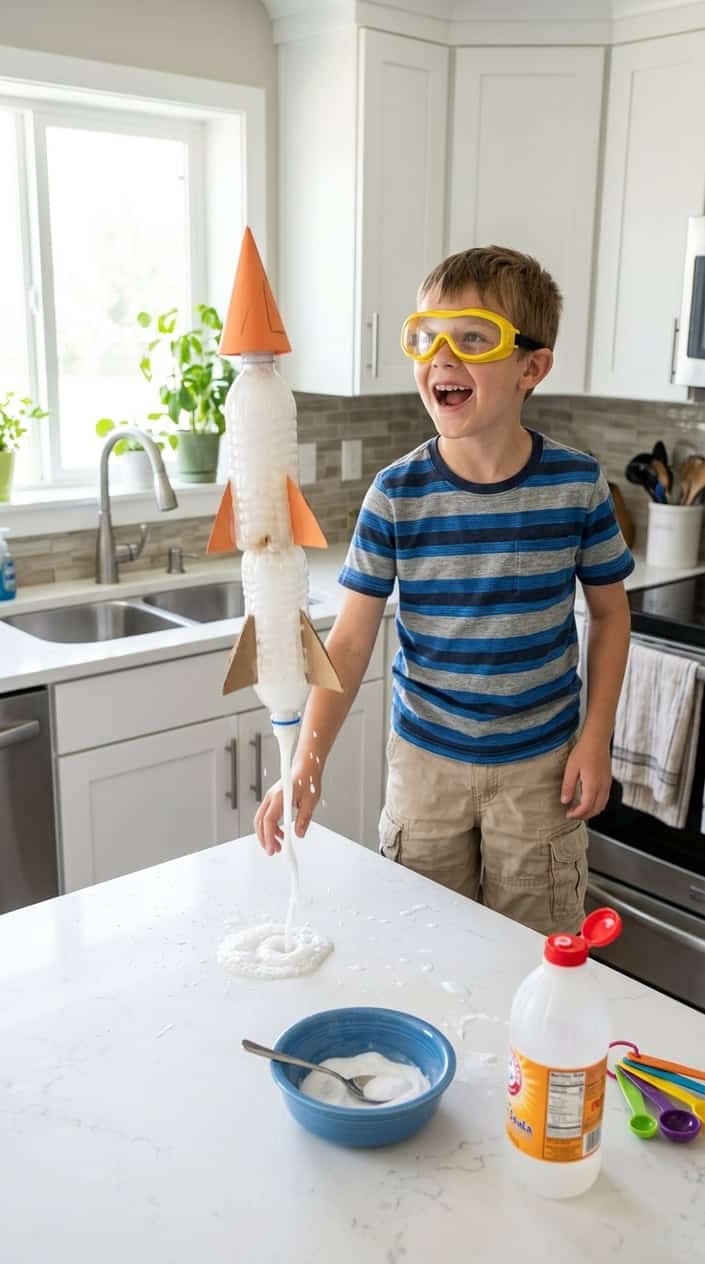 A child in a kitchen launching a homemade vinegar and baking soda rocket on a counter with science materials nearby.