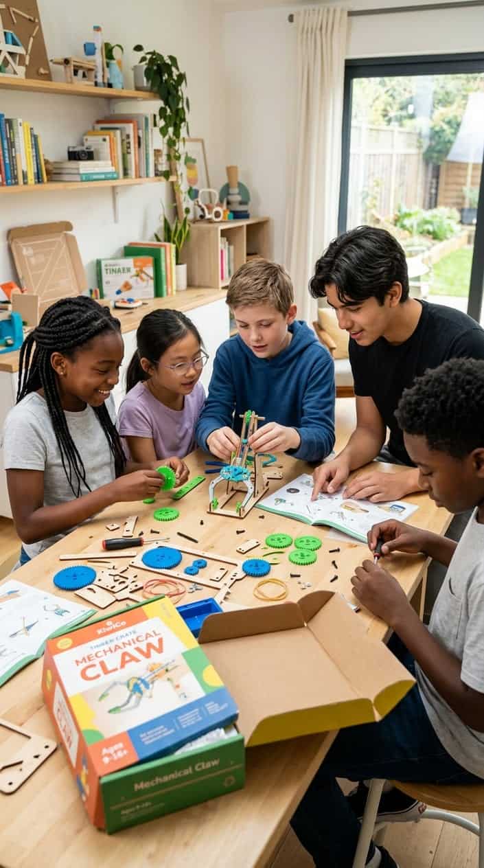 Children aged 9 to 16 working together on hands-on STEM projects with colorful mechanical parts at a table in a bright room.