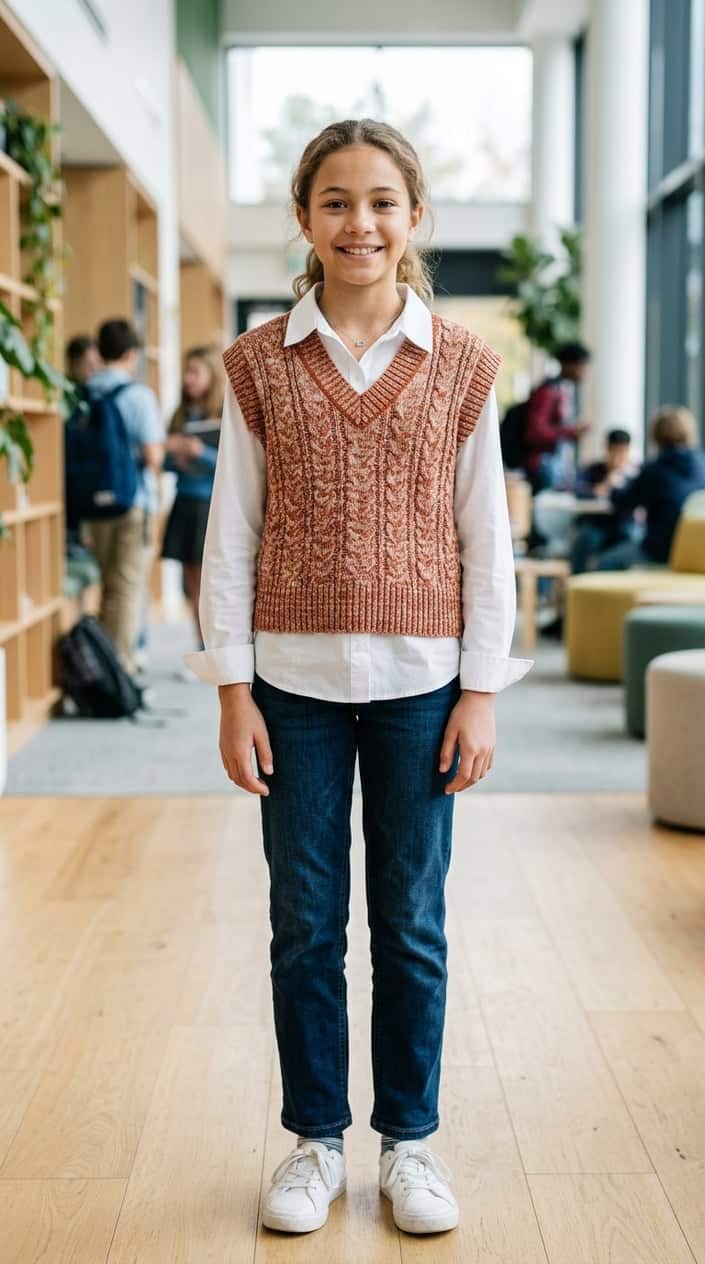 A tween wearing a knit sweater vest over a button-down shirt standing indoors with a neutral expression.
