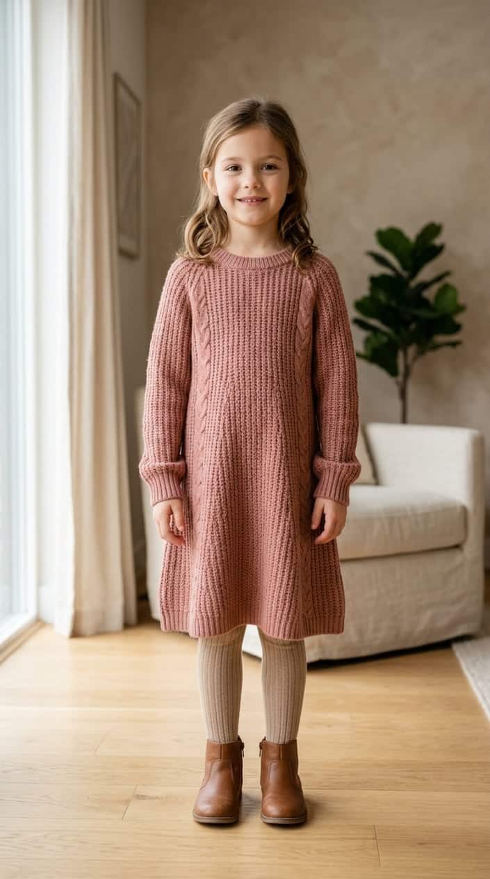 A young girl standing indoors wearing a dusty rose knitted dress, smiling gently.
