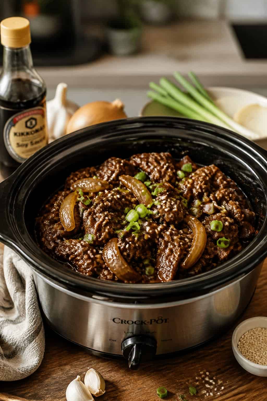Slow cooker filled with Korean-style marinated beef and onions on a kitchen countertop surrounded by fresh ingredients.