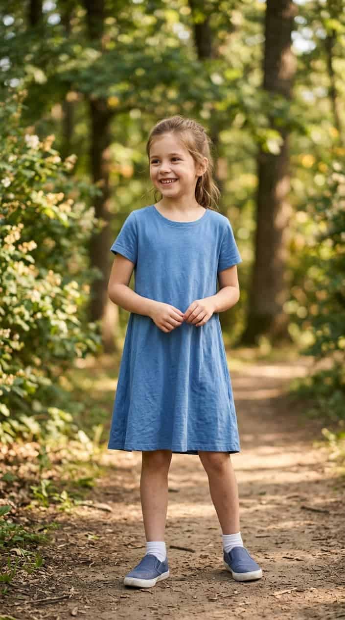 Comfortable Children's Dresses That Still Look Nice 21 A young girl standing outdoors wearing a comfortable casual dress, smiling and enjoying the natural surroundings.