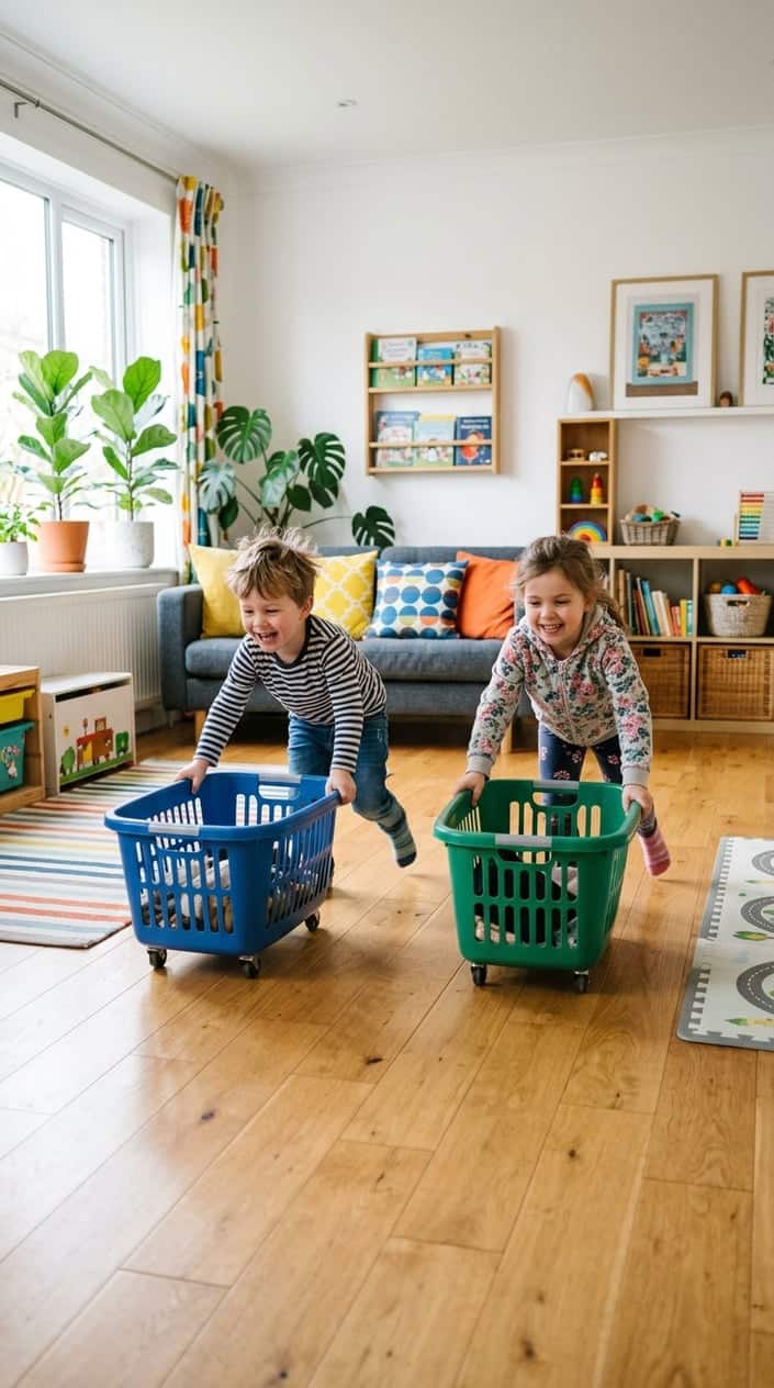 Two children racing inside laundry baskets on wheels in a bright living room.