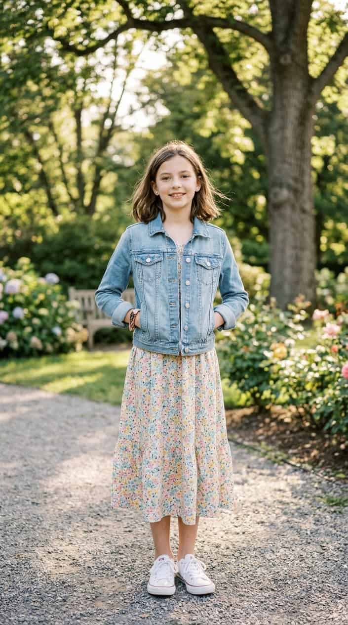 16 Tween Outfit Ideas for the Awkward 'Not Little, Not Grown' Age 2 A tween girl standing outdoors wearing a denim jacket layered over a floral midi dress.
