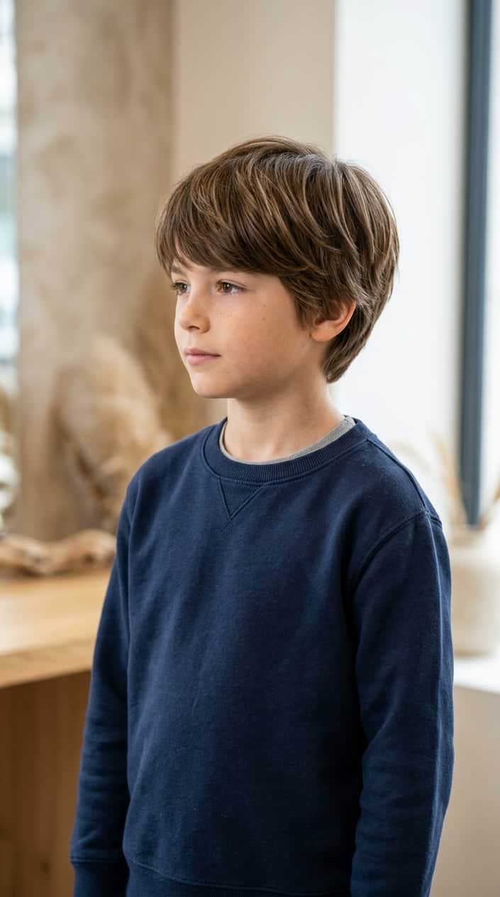 A young boy with straight hair styled in a layered mop cut, looking slightly to the side against a blurred neutral background.