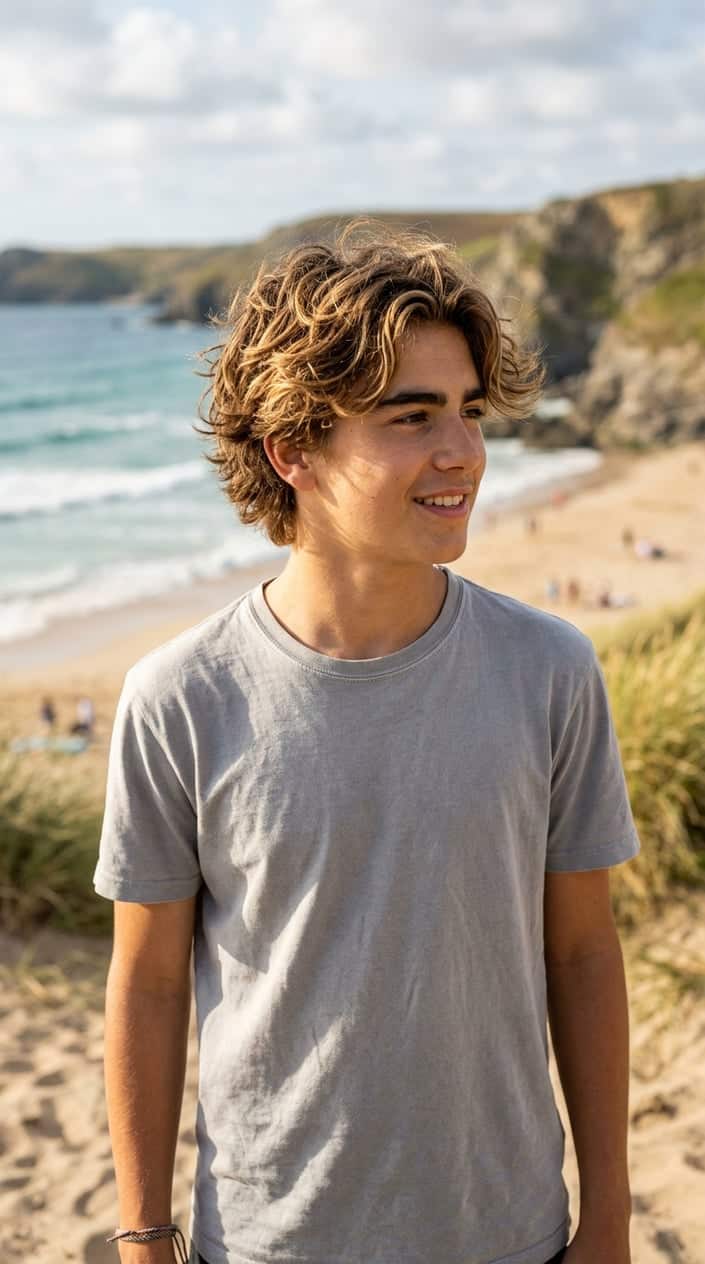 Teenage boy with textured layered hair looking slightly to the side outdoors.