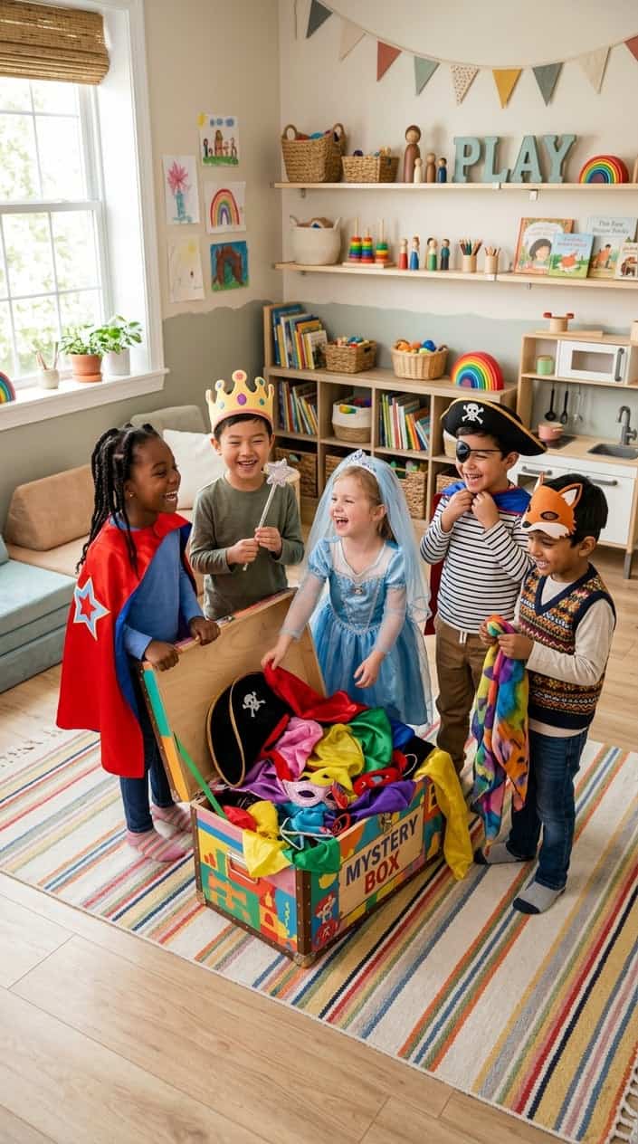 A group of young children playing together, exploring a box of costumes and dressing up in a bright playroom.