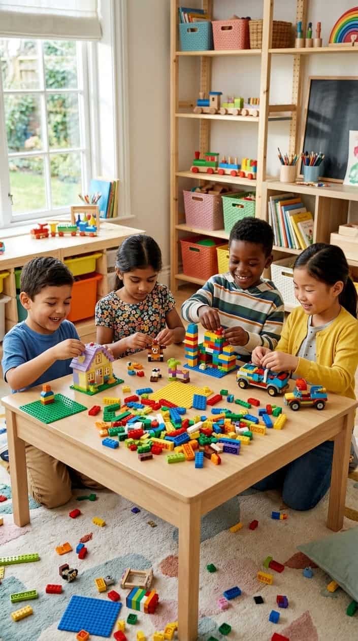 Children playing with colorful LEGO bricks around a table, building creative structures in a bright playroom.