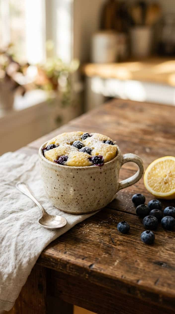 A ceramic mug holding a pale lemon-yellow mug cake studded with dark blueberries at the surface, set on a worn wooden table beside three fresh blueberries and a lemon half with its juice pooling slightly on the wood.