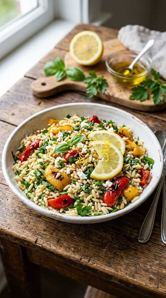 A bowl of lemon-herb orzo salad with roasted red and yellow peppers on a wooden table with fresh herbs and lemon slices nearby.