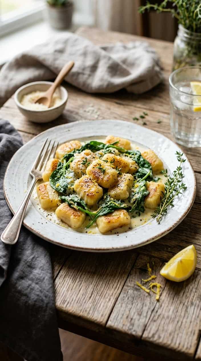 Plump gnocchi coated in a pale, creamy ricotta sauce with deep green wilted spinach leaves and thin curls of lemon zest scattered across a wide white bowl.