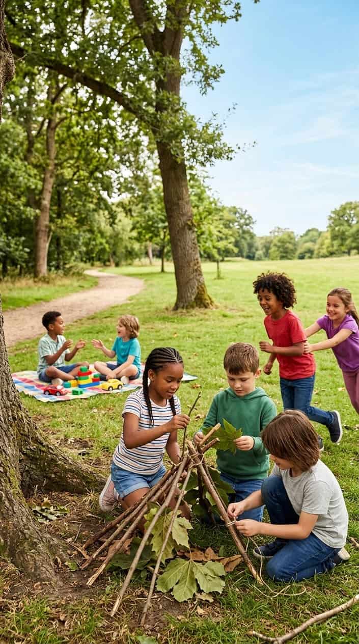 Children playing together outdoors in a park, building a fort and playing tag without adults nearby.