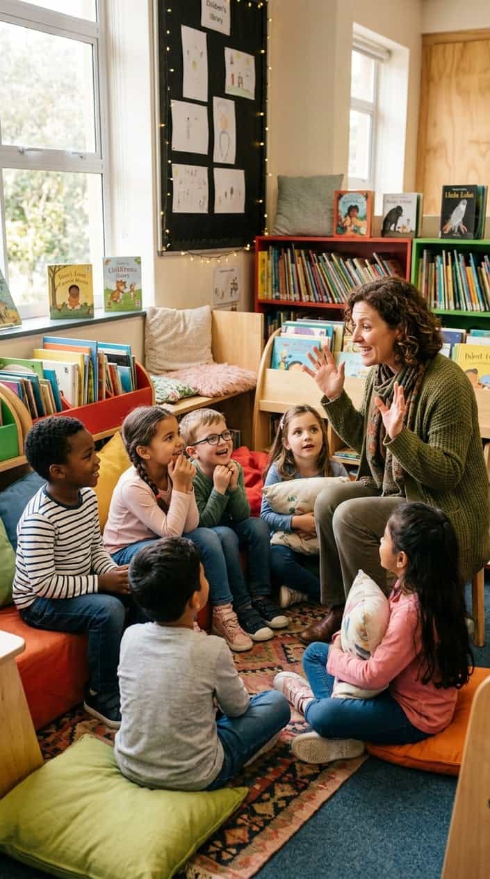 A group of children sitting attentively around an adult who is telling them a story in a bright, cozy reading area.
